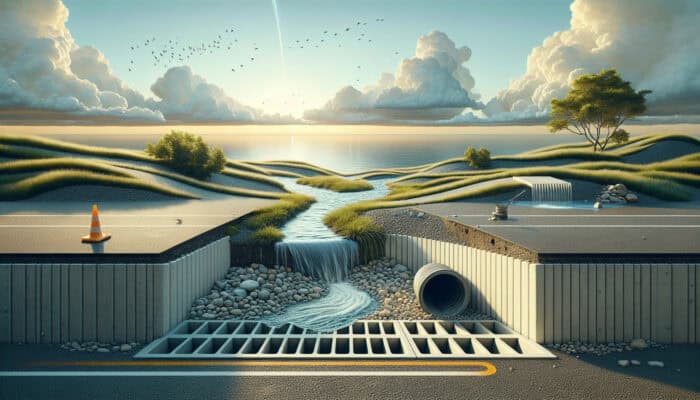 A serene landscape featuring a French drain, a surface drain in a parking lot, and a dry well under a cloudy, rainy sky.