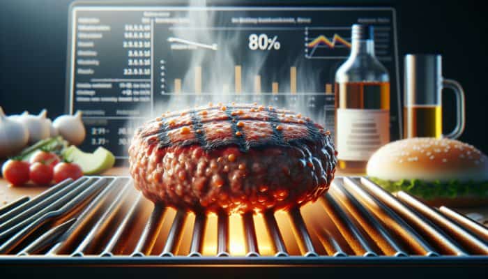 Juicy burger patty with 80/20 lean-to-fat ratio sizzling on a grill, showing perfect moisture and flavour balance.