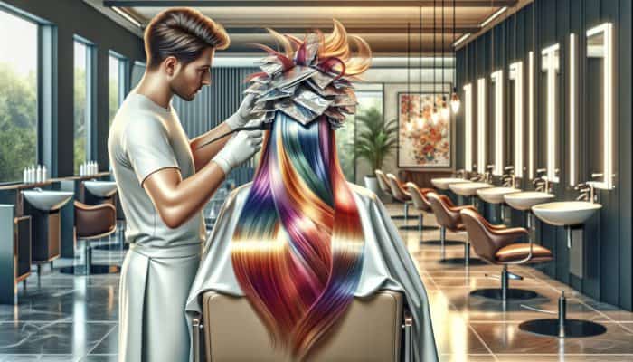 A professional hair colorist applying multiple foils to create vibrant, layered hair color in a modern salon.