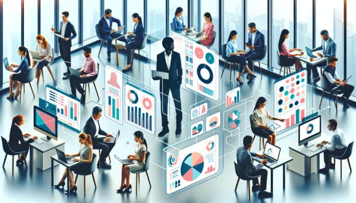 A diverse group of professionals using personalised digital tools in a modern office for tailored learning.