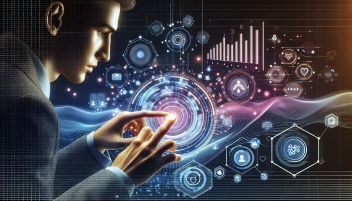 User engaging with gamification elements on a digital platform, with analytics graphs in the background.