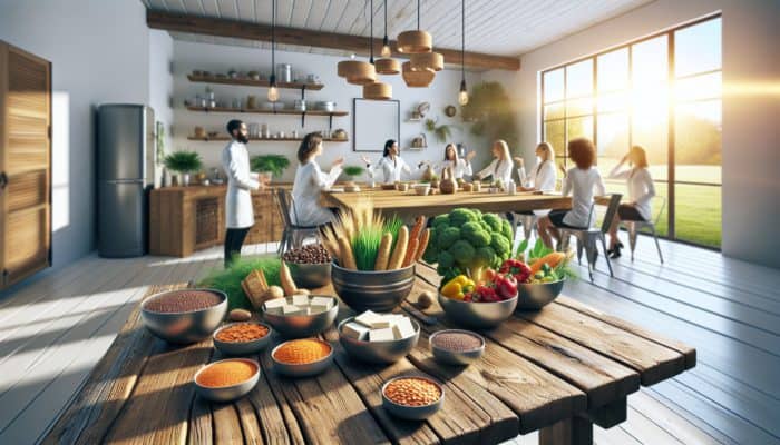 A colorful display of tofu, lentils, and quinoa on a wooden table, with nutritionists discussing in a modern kitchen.