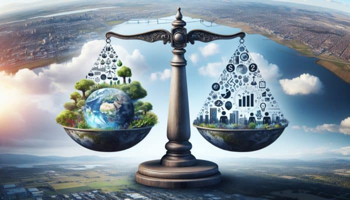 Creating Sustainable Trend Adaptations: A balance scale with environmental, social, and economic elements, symbolising sustainable trends, against thriving communities and a healthy planet.