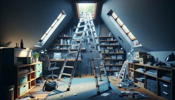 Tools for Loft Clearance in UK Properties: Sturdy aluminium loft ladder with non-slip rungs and stabiliser bars for safe attic access.