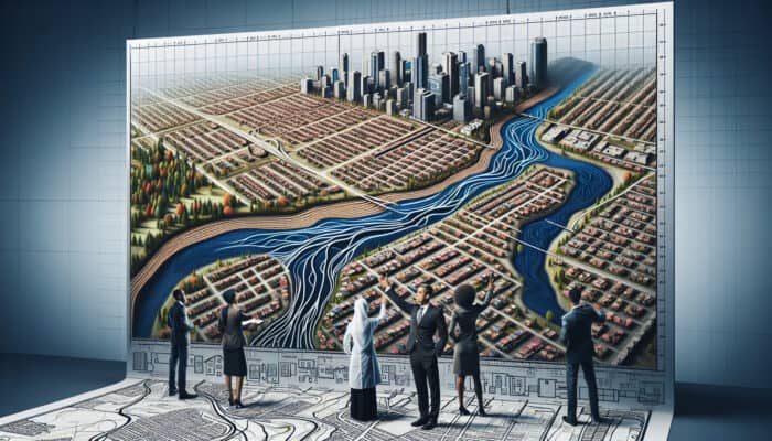 A map of South Vancouver showing interior drainage systems with experts pointing at key areas amidst urban buildings.