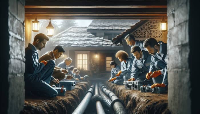 A team of professionals inspecting a damp crawl space in Mission to enhance drainage.