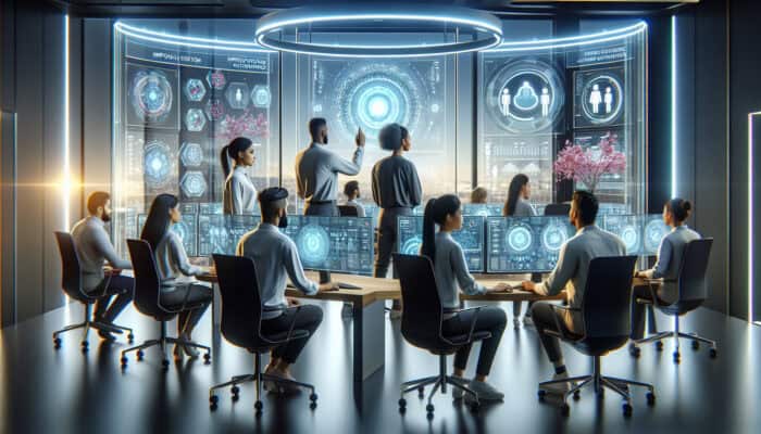 Diverse team of human virtual analysts in a tech office, analysing data indicating reduced churn and increased satisfaction.