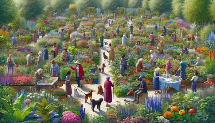 A vibrant community garden with people and pets enjoying and sharing gardening tips outdoors.