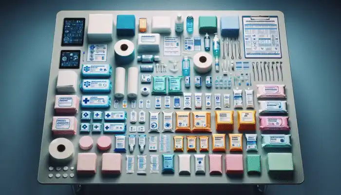 A variety of medical tissue wipes arranged neatly on a clinical table, each labelled appropriately.