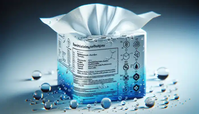 Medical tissue wipes with droplets of sanitising solution effectively eliminating germs on a clinical surface.