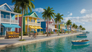 A row of colourful houses lines a waterfront street with palm trees in Corozal Town, Belize. People ride bicycles along the sidewalk, small boats float on clear water, and fruit stands appear on the left—perfect for those seeking affordable living.