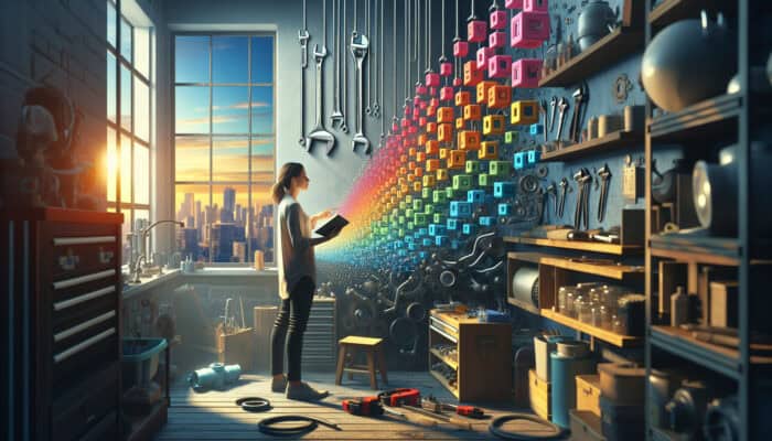 Person evaluating drain service providers with plumbing tools, city skyline background.