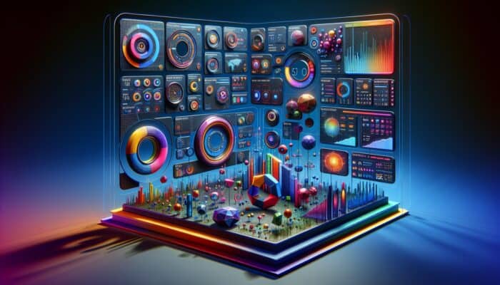 Futuristic dashboard showing real-time advertisement engagement metrics with graphs and colourful visualisations.