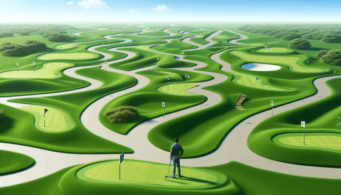 Golfer contemplating options on a green course, evaluating different golf lesson strategies under a clear blue sky.