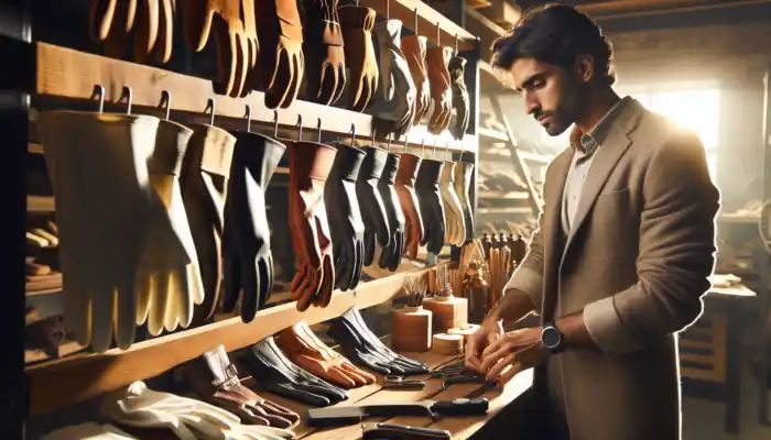 A diverse array of gloves on a wooden rack in a sunlit workshop, with a person examining them for durability and fit.