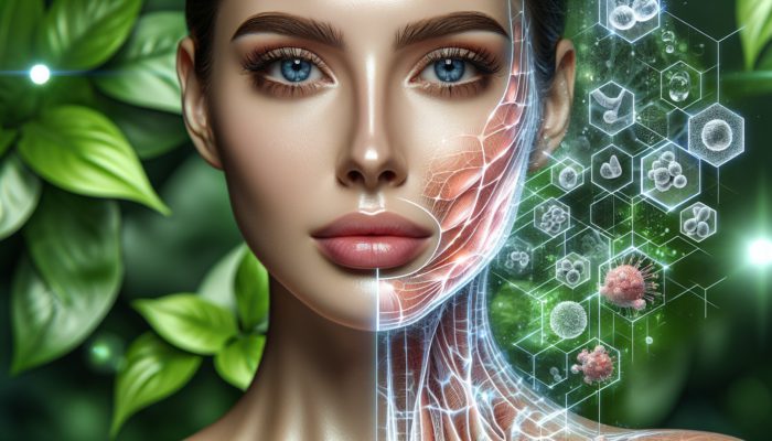 Illustration of radiant, youthful skin with glowing collagen fibers, reduced wrinkles, enhanced elasticity, and microscopic beauty molecules amidst fresh green botanicals.