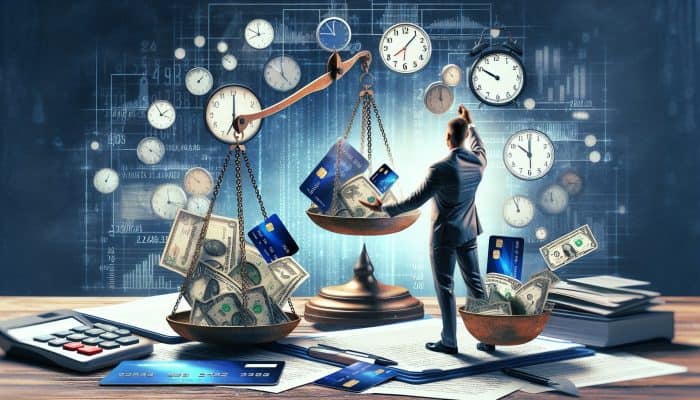 How to Consolidate Debt with a Low Credit Score: UK Guide | DCL A person organizing financial documents with clocks and calendars, showing improved creditworthiness through reduced credit card and loan balances.