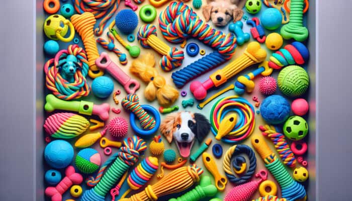 A colorful collage of durable, puppy-safe tug toys made from cotton rope and rubber.