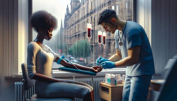 A nurse ties a tourniquet on a mid-30s patient's arm in a modern Glasgow clinic for a Vitamin D blood test, with sunlight through rain-streaked windows.