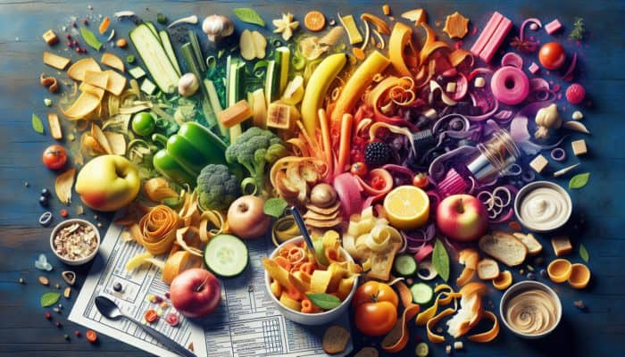 Vibrant kitchen scene showcasing food scraps creatively transformed into delectable upcycled dishes.