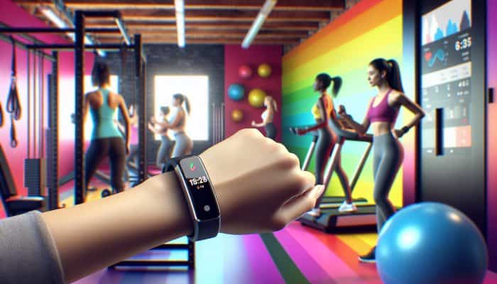 A sleek fitness tracker on a woman's wrist, displaying health stats, in a vibrant gym with exercising women.