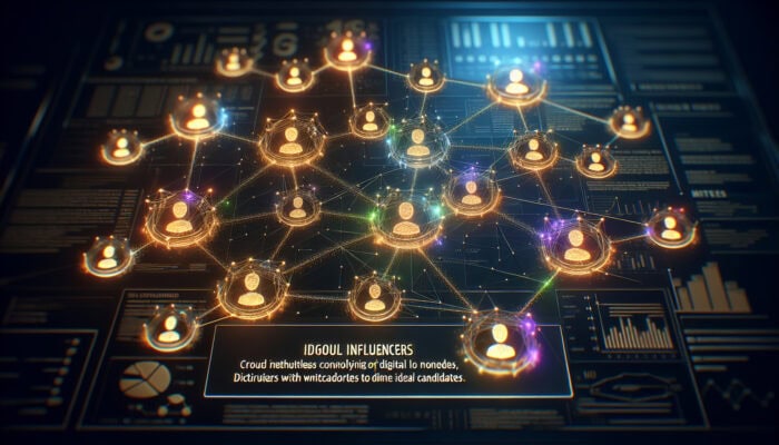 A digital network of glowing nodes representing influencers, with ideal candidates highlighted in vibrant colors.