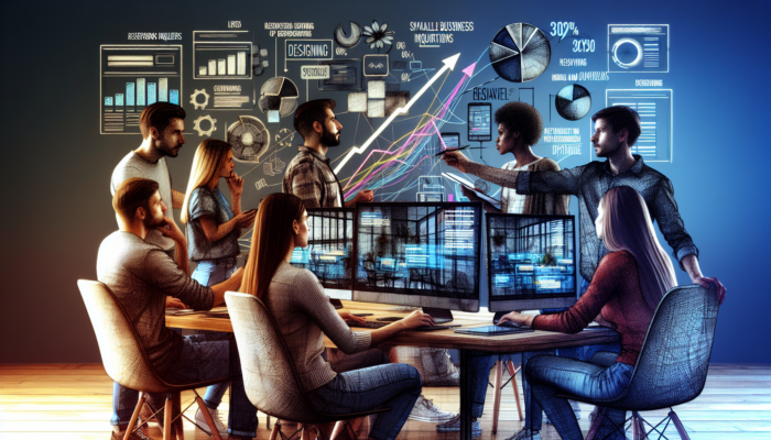 A team of web designers in a modern Poole office collaborating on a restaurant website redesign, analysing screens and a graph indicating a 30% increase in inquiries.