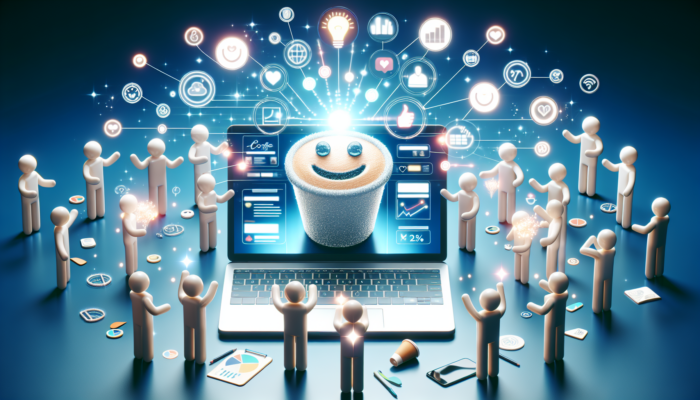 Modern website for a Poole coffee shop on a laptop, featuring interactive menus, blog posts, and smiling users sharing on social media.