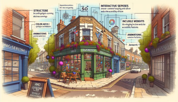 Web Development in Kingsbridge for Small Business: Quaint Kingsbridge, UK street scene: small business storefront with holographic HTML code, CSS palettes, and JavaScript animations symbolizing web essentials and accessibility.