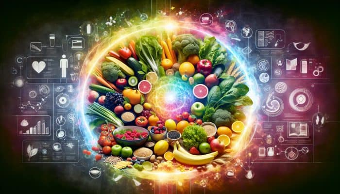 A colourful table of nutritious foods with an energy aura, as recommended by nutrition experts.