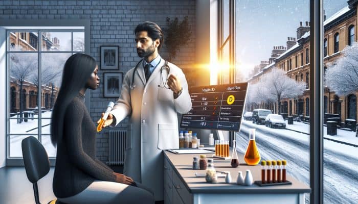 A doctor administers a Vitamin D blood test in a sunlit clinic, with wintery Beverley streets visible through the window.