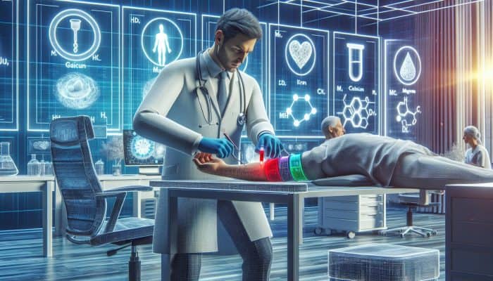 Mineral Blood Test in Bracknell: A doctor in a white coat draws blood for a mineral test in a modern UK clinic, with equipment displaying levels of iron, calcium, magnesium, and zinc.