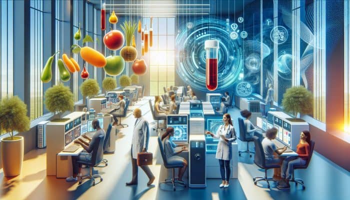 In a modern Bracknell clinic, cheerful patients receive mineral blood tests as a doctor reviews digital screens showcasing balanced minerals and vitality indicators.