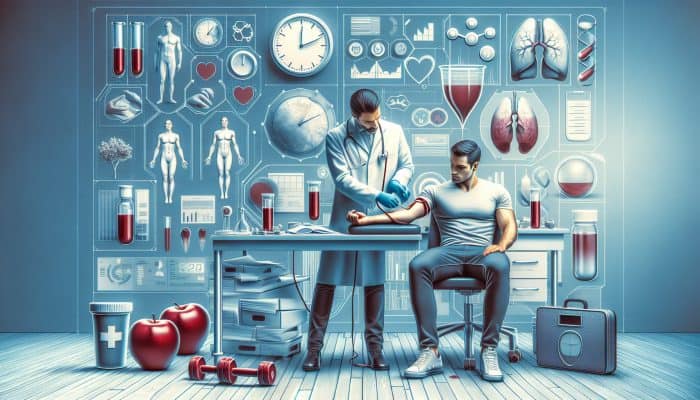 A doctor draws blood from a fasting patient in a modern UK laboratory, surrounded by diet symbols, lifestyle charts, and a clock indicating precise health testing.