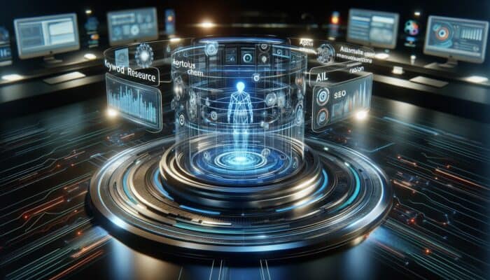 Futuristic holographic interface of Alli AI displaying keyword research, content generation, and SEO analytics in a high-tech lab.