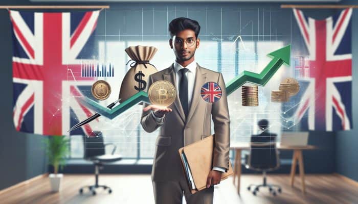 A professional in a modern London office presents payslips and contracts to a lender, with upward-trending graphs and Union Jack flags symbolising stable income.