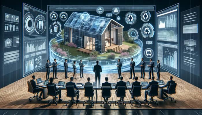 Experts in suits discussing UK house clearance compliance at a 2025 London conference surrounded by a holographic home display and documents.