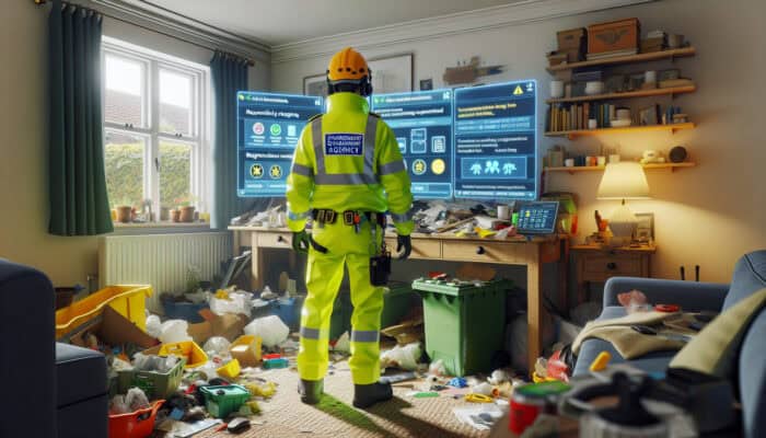 A professional in hi-vis gear reviewing Environment Agency documents at a cluttered UK home, sorting waste responsibly with visible badges.