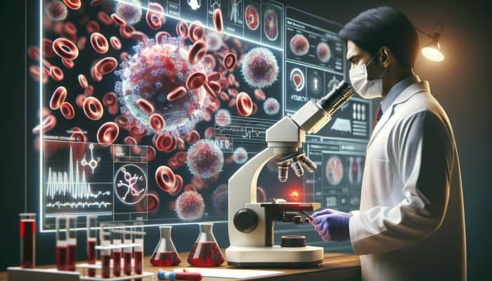FBC Test in Thetford: Illustration of a technician analysing a blood sample under a microscope, showcasing red and white blood cells, platelets, haemoglobin, and digital displays of hematocrit and MCV.