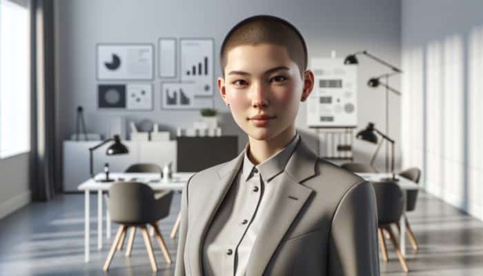 A confident individual with a fresh buzz cut in a sleek, uncluttered modern workspace, emphasizing simplicity and efficiency.