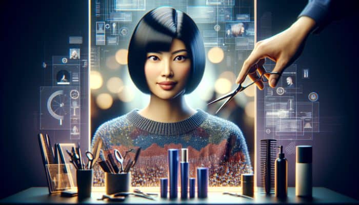 A confident woman with an ultra-short bob haircut consults a hairstylist in a modern salon, examining her reflection amid scissors, combs, and styling products.