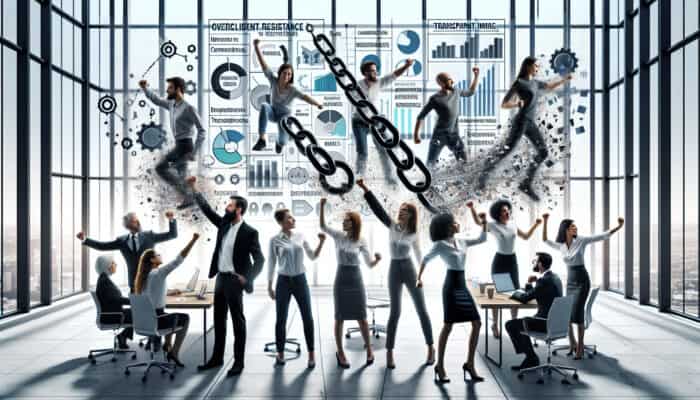 A diverse team in a modern office breaks chains, shares ideas at a whiteboard, and celebrates successes to build resilience.