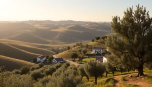 A scenic landscape along Portugal’s Alentejo Olive Route: rolling green hills dotted with olive trees and white houses with red roofs under a clear sunset sky. Soft sunlight casts long shadows, while distant hills fade into the horizon.