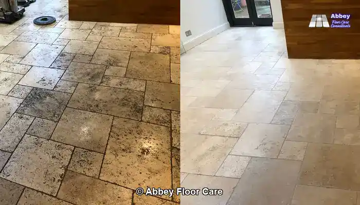 Before and After Professional Restoration of Travertine Grout by Abbey Floor Care