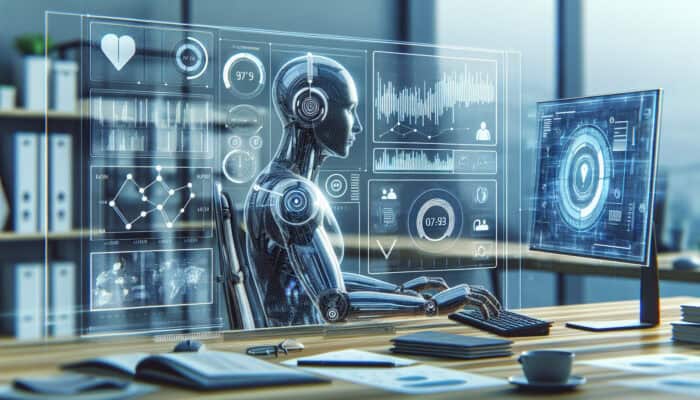 Dedicated virtual assistant at a sleek desk analysing a digital dashboard with rising task graphs, time trackers, and stress meters.