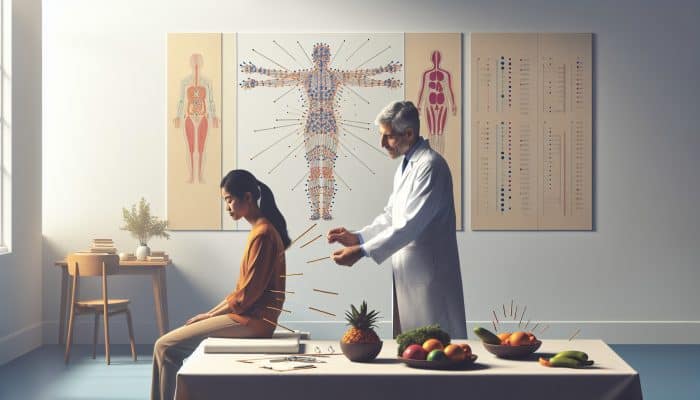 Acupuncture in Nutrition Studies: In a serene London clinic, an acupuncturist inserts needles into a patient's abdomen, with NHS posters and fresh fruits nearby.