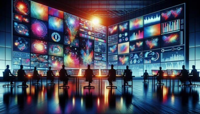 High-tech control room with analysts conducting A/B testing; screens display video content, blog posts, and dynamic graphs of audience engagement metrics.