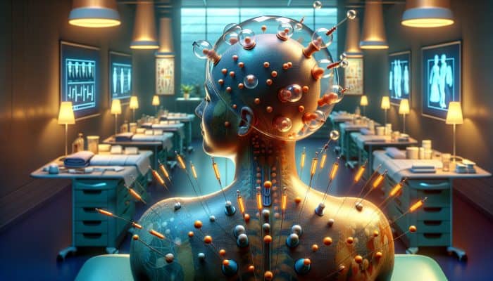 A patient in a UK clinic receiving cupping therapy with suction cups and acupuncture, appearing relaxed with glowing skin from improved circulation.