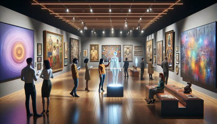 A diverse group of experts collaborating with holographic virtual assistants in a modern art gallery, surrounded by vibrant artworks illuminated by warm lighting.