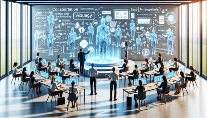 Gallery staff engaging with holographic virtual assistants on screens and tablets, guided by an expert instructor in a modern art gallery setting.